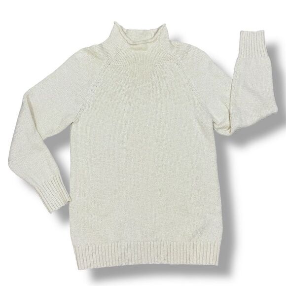 L.L. Bean Cotton Rolled Funnel Mock Neck Ragg Sweater Slub Knit Cream Medium - Picture 13 of 14
